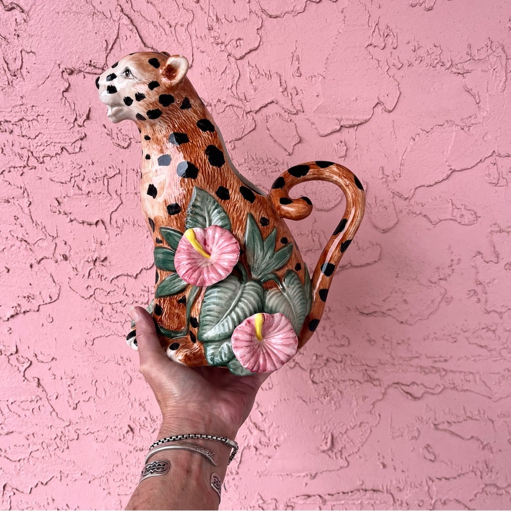 Vintage Fitz & Floyd Rain Forest Collection Leopard Pitcher Jug Tropical Flaw